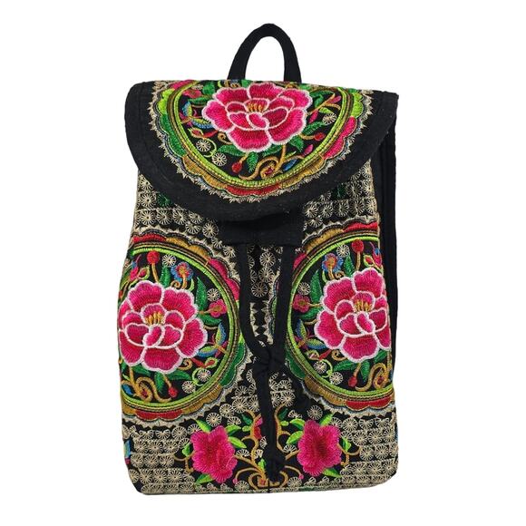 Floral Embroidered Backpack Purse Bag Mexican Artisan Lightweight Colorful Pink - Picture 1 of 8
